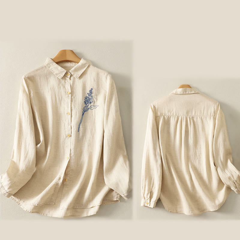 Camisa de mujer de manga larga con botones y flores bordadas de primavera con Buddha Stones - image 10