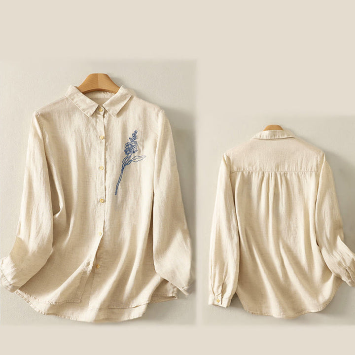 Camisa de mujer de manga larga con botones y flores bordadas de primavera con Buddha Stones - image 10