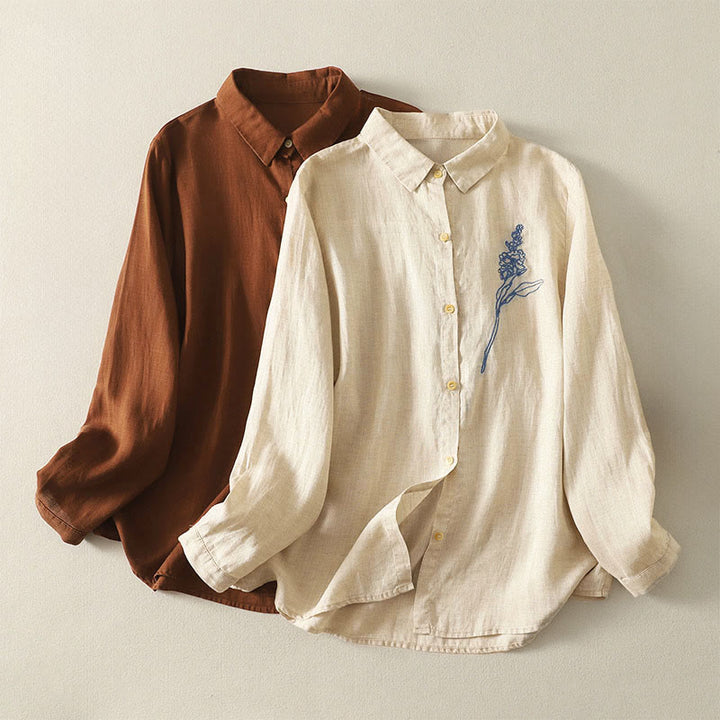 Camisa de manga larga con botones para mujer, con bordado de flores y Buddha Stones de primavera - image 0