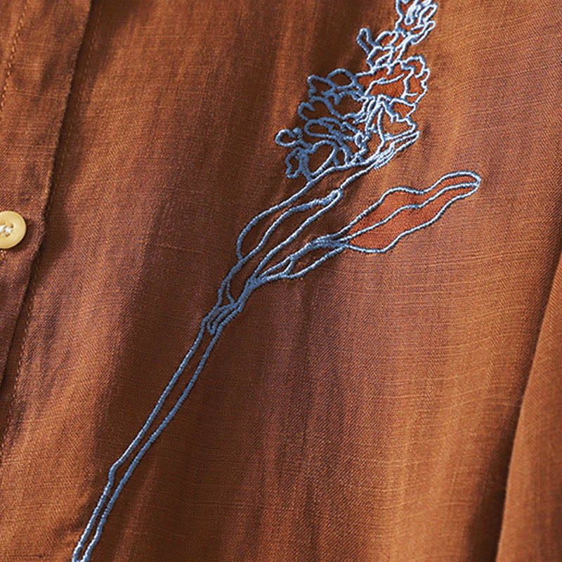 Camisa de mujer de manga larga con botones y flores bordadas de primavera con Buddha Stones - image 13