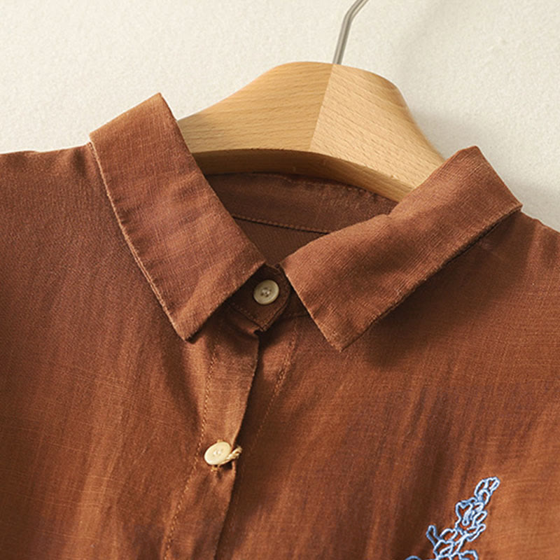 Camisa de mujer de manga larga con botones y flores bordadas de primavera con Buddha Stones - image 12