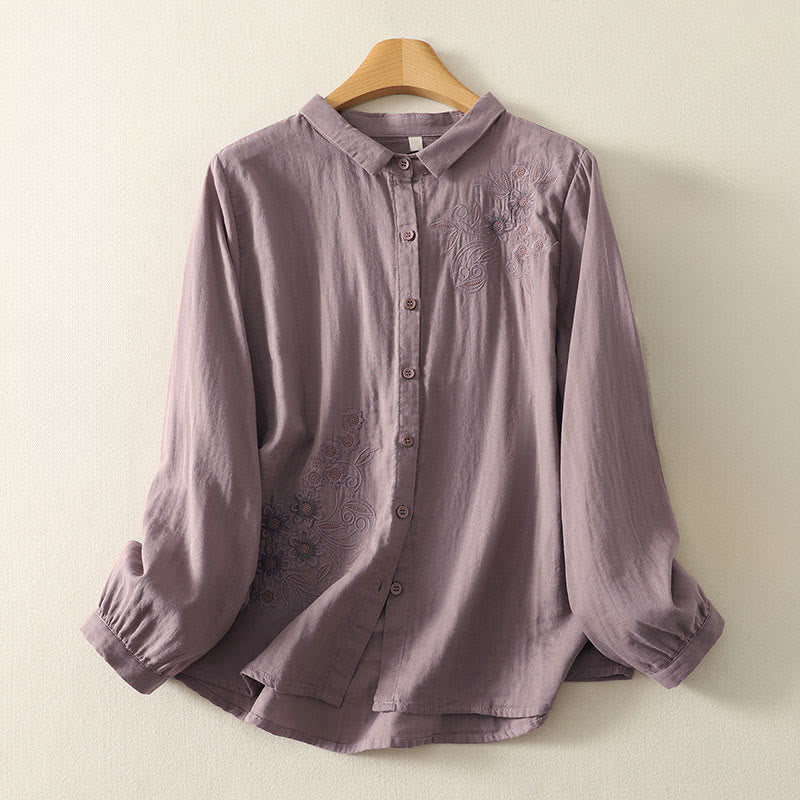 Camisa de manga larga con solapa para mujer con estampado de flores y Buddha Stones bordadas - RosyBrown - US8-10，UK/AU12-14，EU40-42 (2XL) - image 17