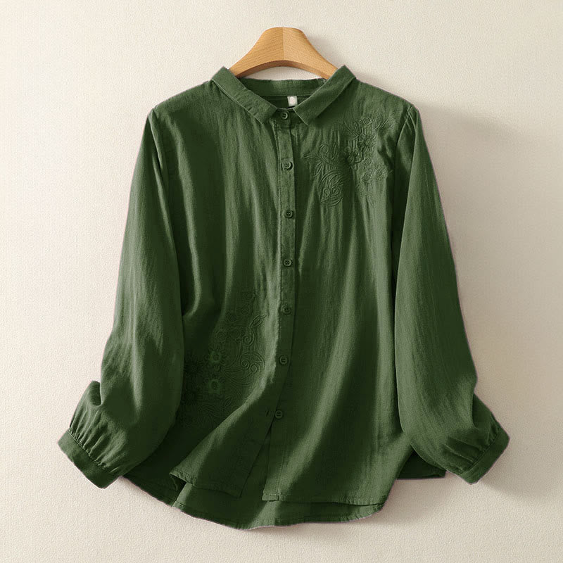 Camisa de manga larga con solapa para mujer con estampado de flores y Buddha Stones bordadas - Verde oscuro - US8-10，UK/AU12-14，EU40-42 (2XL) - image 1