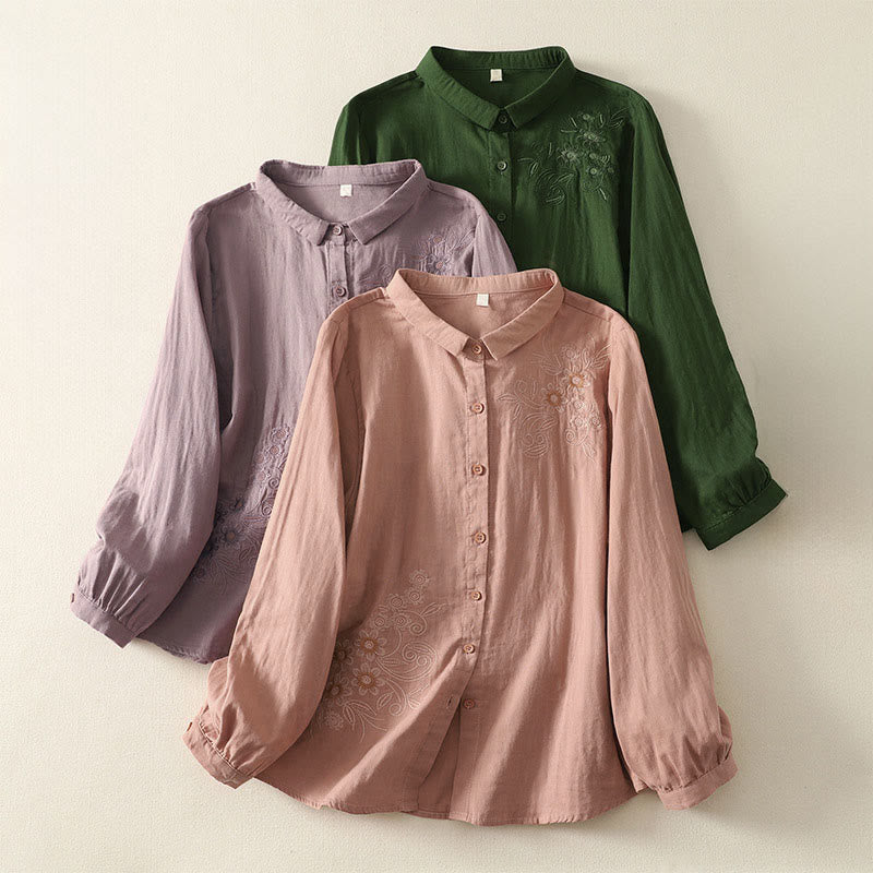 Camisa de manga larga con solapa para mujer con estampado de flores y Buddha Stones bordadas - image 0