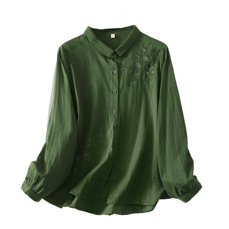 Camisa de manga larga con solapa para mujer con estampado de flores y Buddha Stones bordadas - image 6