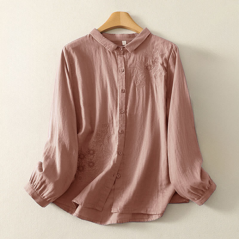 Camisa de manga larga con solapa para mujer con estampado de flores y Buddha Stones bordadas - Salmón oscuro - US8-10，UK/AU12-14，EU40-42 (2XL) - image 7