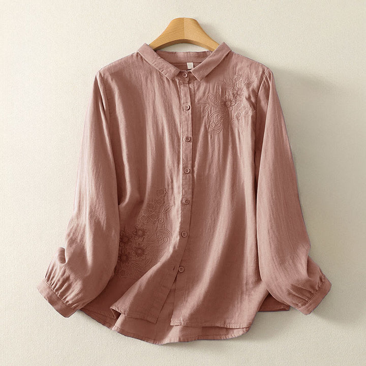Camisa de manga larga con solapa para mujer con estampado de flores y Buddha Stones bordadas - Salmón oscuro - US8-10，UK/AU12-14，EU40-42 (2XL) - image 7
