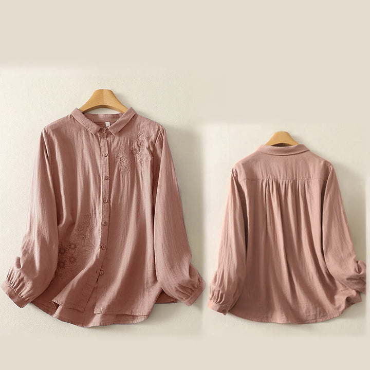 Camisa de manga larga con solapa para mujer con estampado de flores y Buddha Stones bordadas - image 16