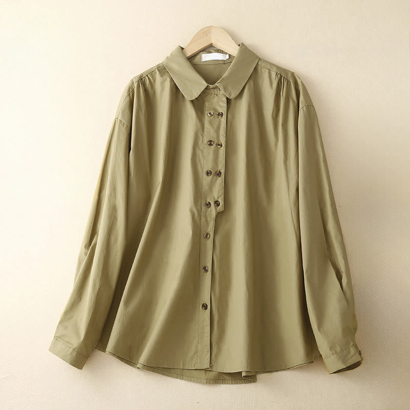 Camisa de algodón de manga larga con solapa y doble botonadura lisa con Buddha Stones para mujer - Caqui oscuro - US12, UK/AU16, EU44 (2XL) - image 13