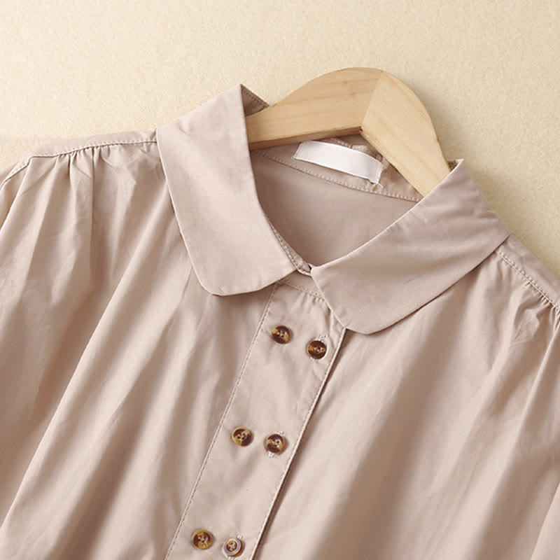 Camisa de algodón de manga larga con solapa y doble botonadura lisa con Buddha Stones para mujer - image 6