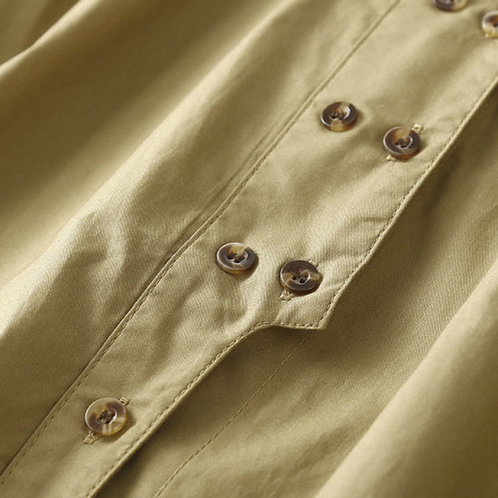 Camisa de algodón de manga larga con solapa y doble botonadura lisa con Buddha Stones para mujer - image 14
