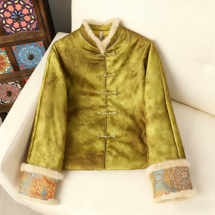 Chaqueta de manga larga y corte grueso para mujer con estampado tradicional chino de Buddha Stones.  - Verde amarillento - US12, UK/AU16, EU44 (3XL) - image 9