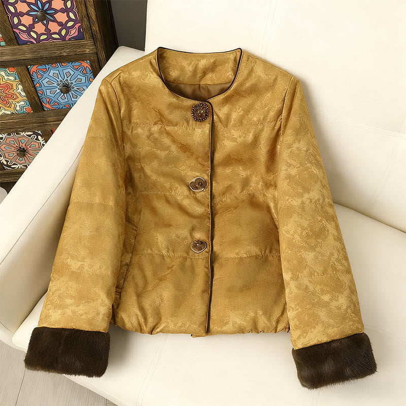 Chaqueta de manga larga gruesa para mujer con bolsillos, estampado jacquard oscuro, botones de rana y Buddha Stones. - Vara de oro oscuro - US6，UK/AU10，EU38 (XL) - image 0