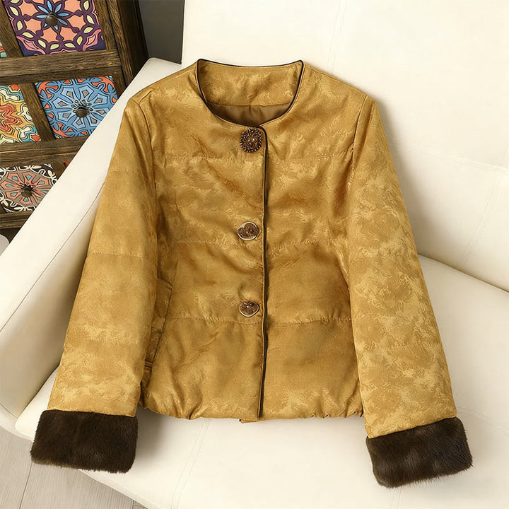 Chaqueta de manga larga gruesa para mujer con bolsillos, estampado jacquard oscuro, botones de rana y Buddha Stones. - Vara de oro oscuro - US6，UK/AU10，EU38 (XL) - image 0