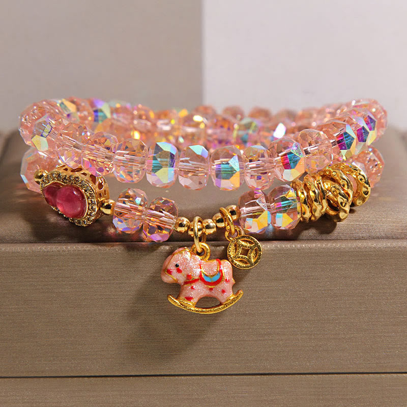 Pulsera de doble vuelta con Buddha Stones, símbolo del zodiaco chino del año del caballo, cristal, cobre y moneda. - Rosa (circunferencia de la muñeca: 14-15 cm) - image 0
