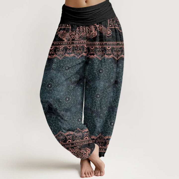 Pantalón tipo harem de cintura elástica para mujer con diseño elegante de mandala floral y Buddha Stones en algodón. - cian oscuro - US22，UK/AU26，EU54 (6XL) - image 0
