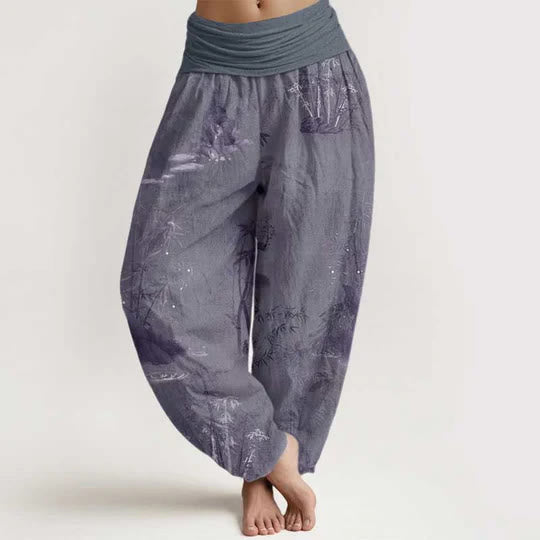 Pantalones bombachos de cintura elástica para mujer, de algodón, estilo informal, con estampado de piedras de Buddha Stones , bambú y tinta. - Gris pizarra - US22，UK/AU26，EU54 (6XL) - image 0