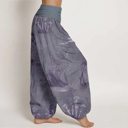 Pantalones bombachos de cintura elástica para mujer, de algodón, estilo informal, con estampado de piedras de Buddha Stones , bambú y tinta. - image 1