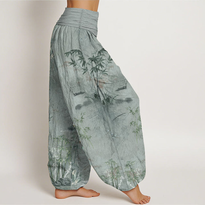 Pantalones bombachos de cintura elástica para mujer, de algodón, estilo informal, con estampado de piedras de Buddha Stones , bambú y tinta. - image 8