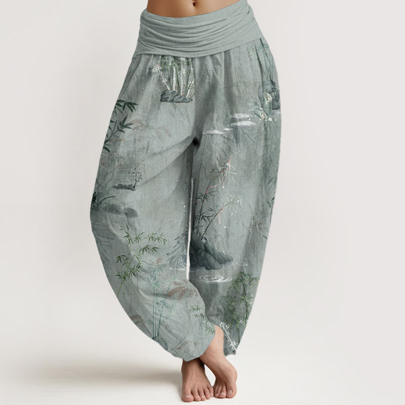 Pantalones bombachos de cintura elástica para mujer, de algodón, estilo informal, con estampado de piedras de Buddha Stones , bambú y tinta. - Verde mar oscuro - US22，UK/AU26，EU54 (6XL) - image 7