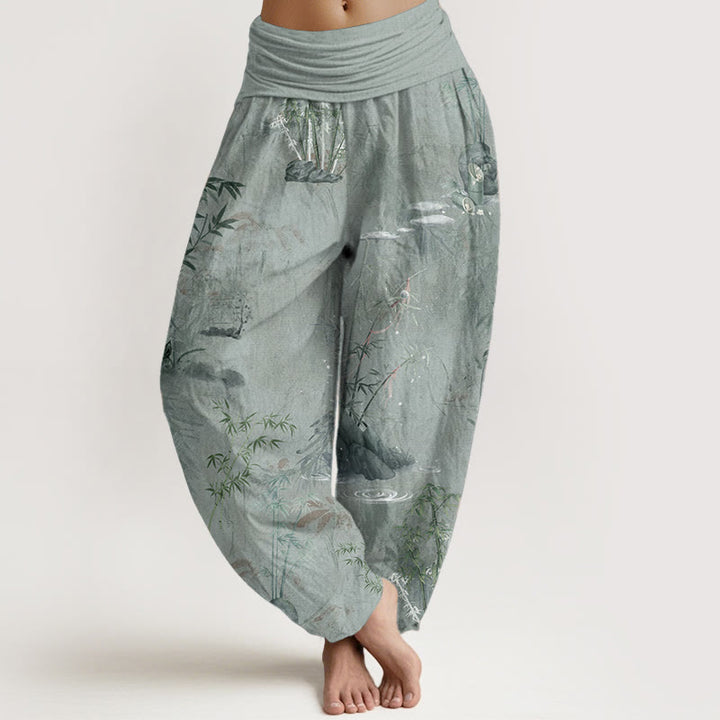 Pantalones bombachos de cintura elástica para mujer, de algodón, estilo informal, con estampado de piedras de Buddha Stones , bambú y tinta. - Verde mar oscuro - US22，UK/AU26，EU54 (6XL) - image 7