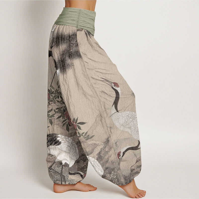 Pantalón tipo harem de cintura elástica para mujer, estilo casual, con estampado de Buddha Stones, grullas de corona roja, pinos y montaña. - image 2