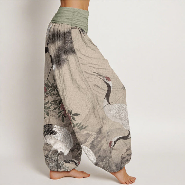 Pantalón tipo harem de cintura elástica para mujer, estilo casual, con estampado de Buddha Stones, grullas de corona roja, pinos y montaña. - image 2
