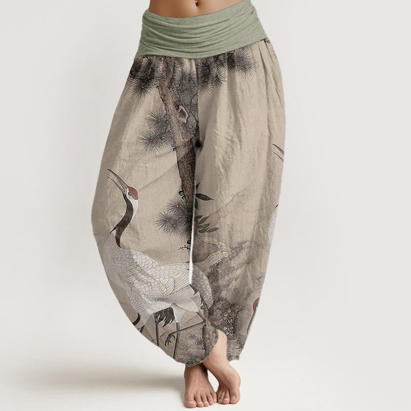 Pantalón tipo harem de cintura elástica para mujer, estilo casual, con estampado de Buddha Stones, grullas de corona roja, pinos y montaña. - Trigo - US22，UK/AU26，EU54 (6XL) - image 0