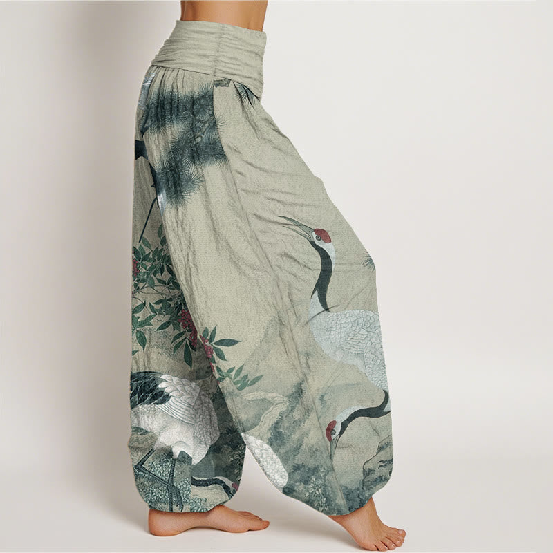Pantalón tipo harem de cintura elástica para mujer, estilo casual, con estampado de Buddha Stones, grullas de corona roja, pinos y montaña. - image 6