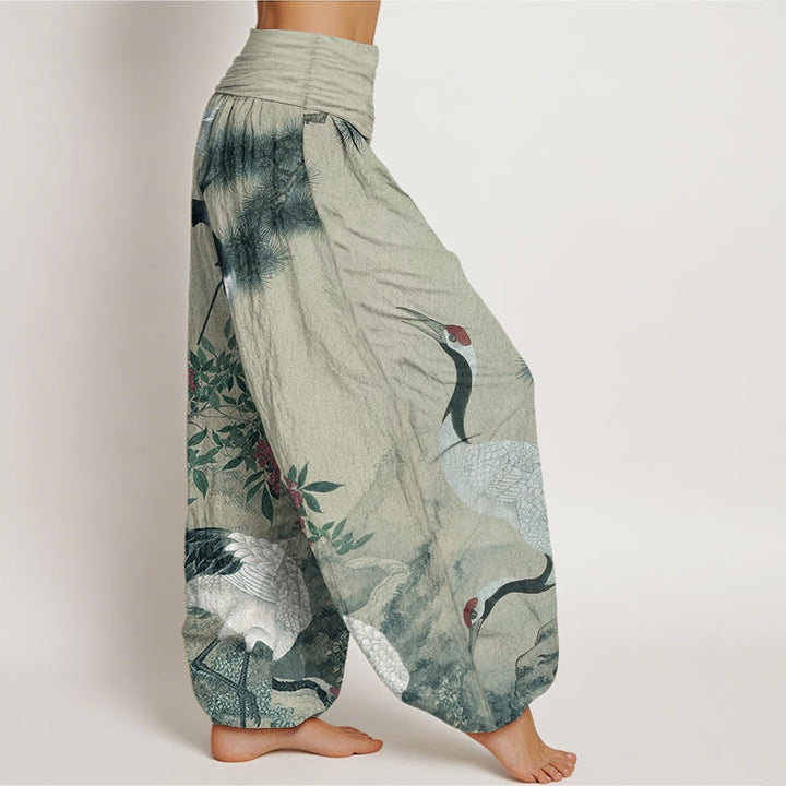Pantalón tipo harem de cintura elástica para mujer, estilo casual, con estampado de Buddha Stones, grullas de corona roja, pinos y montaña. - image 6