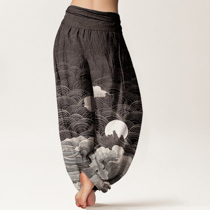 Pantalón tipo harem de cintura elástica para mujer con estampado informal de olas, luna y montaña, de algodón con Buddha Stones. - image 1