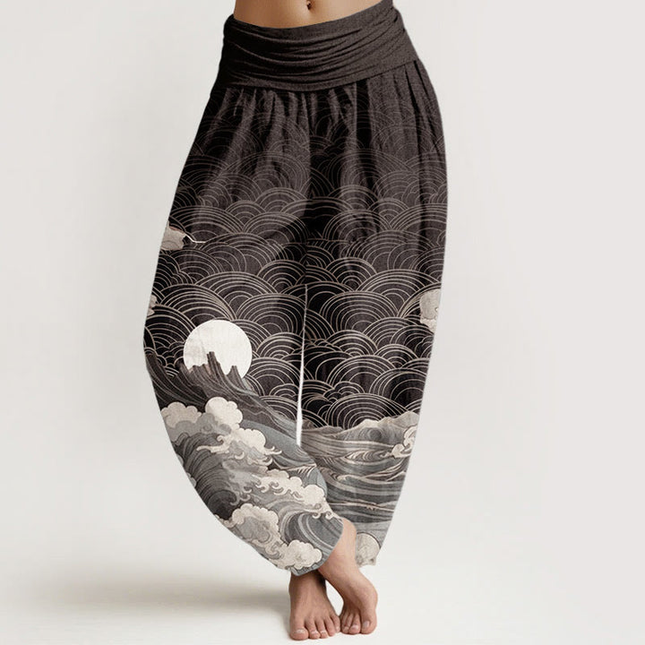 Pantalón tipo harem de cintura elástica para mujer con estampado informal de olas, luna y montaña, de algodón con Buddha Stones. - Negro - US22，UK/AU26，EU54 (6XL) - image 0