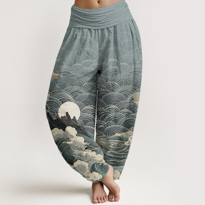 Pantalón tipo harem de cintura elástica para mujer con estampado informal de olas, luna y montaña, de algodón con Buddha Stones. - Celeste - US22，UK/AU26，EU54 (6XL) - image 4