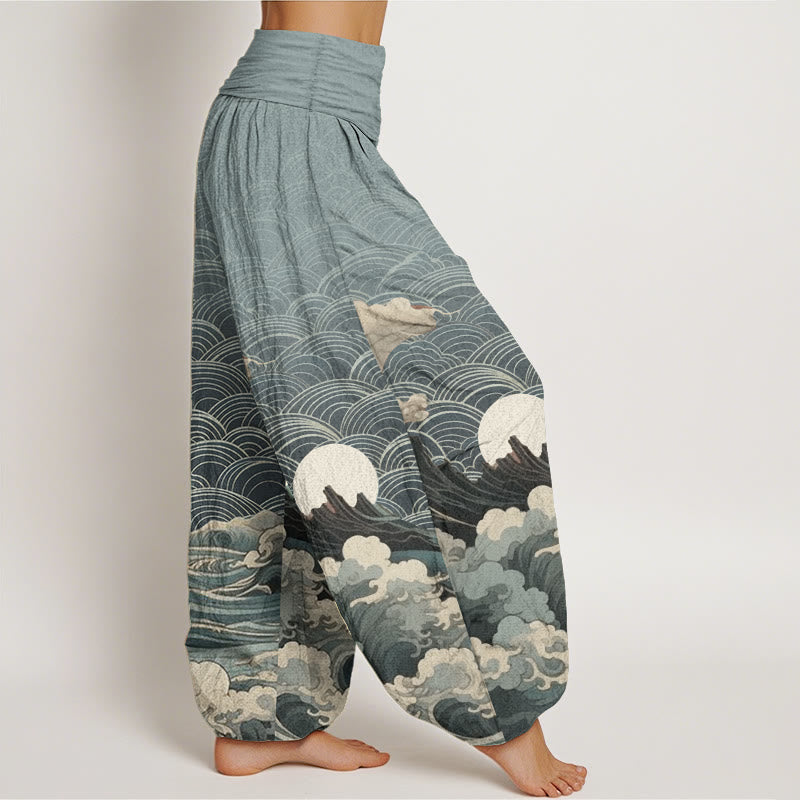 Pantalón tipo harem de cintura elástica para mujer con estampado informal de olas, luna y montaña, de algodón con Buddha Stones. - image 6