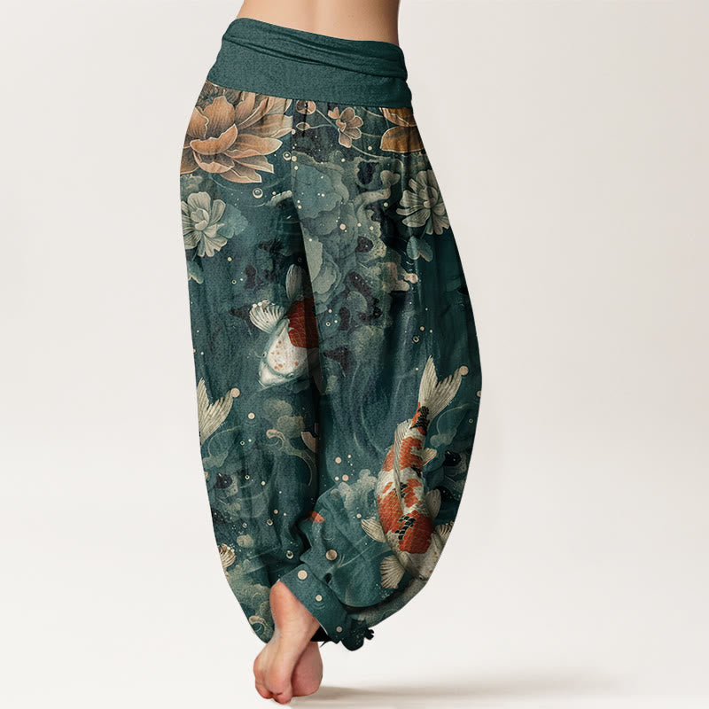 Pantalones bombachos de cintura elástica para mujer, de algodón con estampado de Buddha Stones, peces koi de colores y flores de loto. - image 1