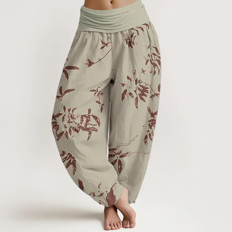 Pantalones bombachos de cintura elástica para mujer con estampado de ramas y piedras de Buddha Stones, de algodón. - Caqui - US22，UK/AU26，EU54 (6XL) - image 0