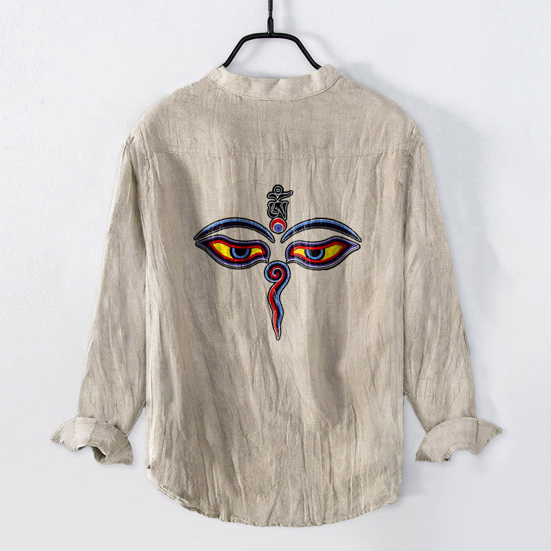 Camisa de manga larga para hombre, de algodón y lino, con estampado de ojos, Buddha Stones y medio botón. - image 4