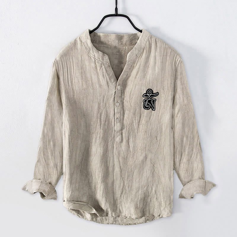 Camisa de manga larga para hombre, de algodón y lino, con estampado de ojos, Buddha Stones y medio botón. - image 5