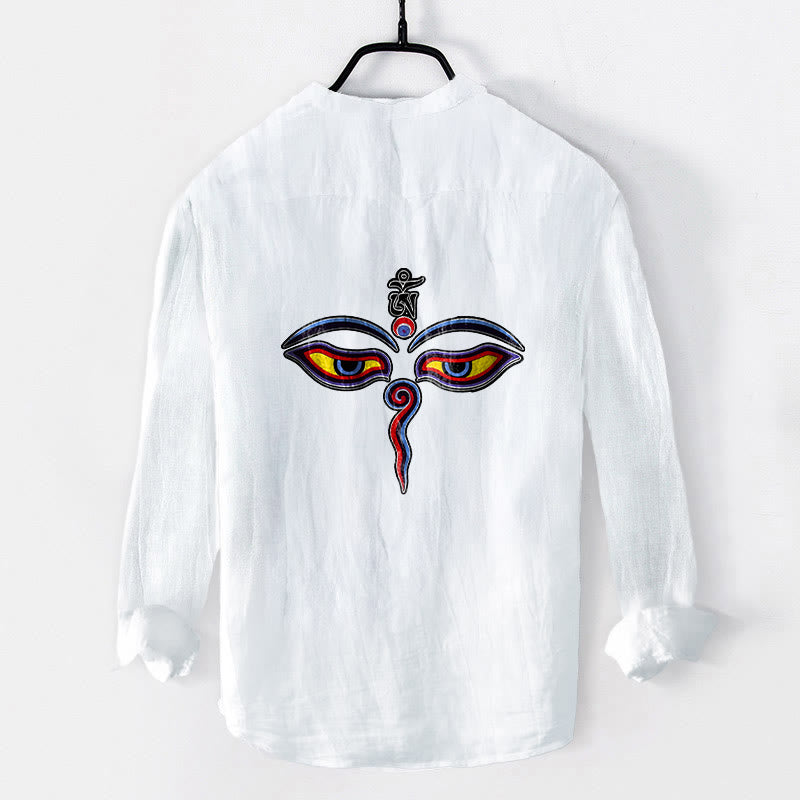 Camisa de manga larga para hombre, de algodón y lino, con estampado de ojos, Buddha Stones y medio botón. - image 8