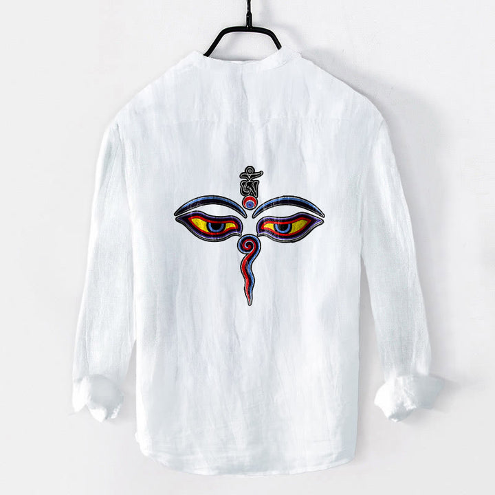 Camisa de manga larga para hombre, de algodón y lino, con estampado de ojos, Buddha Stones y medio botón. - image 8