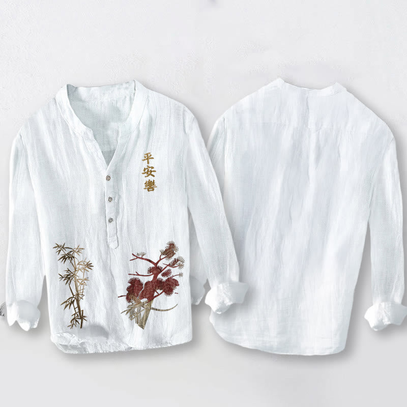 Camisa de manga larga para hombre de algodón y lino con botones a la mitad , Buddha Stones, caracteres chinos, pino y bambú. - image 2