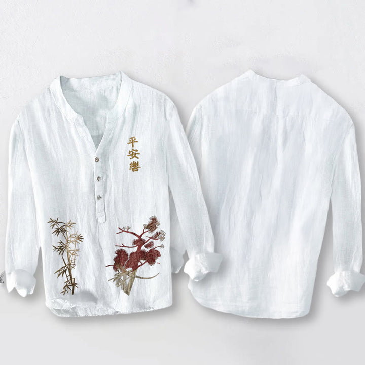 Camisa de manga larga para hombre de algodón y lino con botones a la mitad , Buddha Stones, caracteres chinos, pino y bambú. - image 2