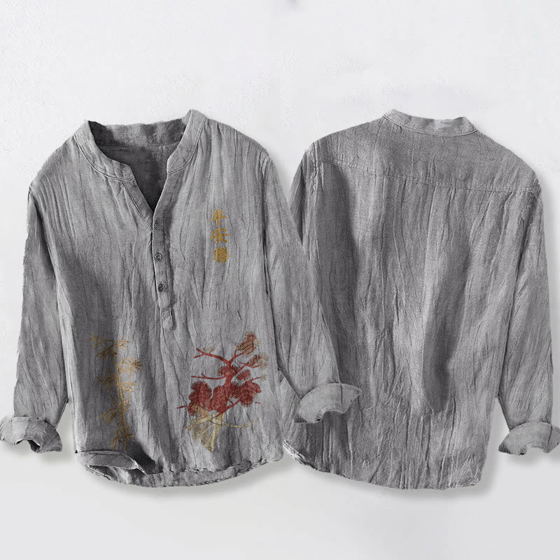 Camisa de manga larga para hombre de algodón y lino con botones a la mitad , Buddha Stones, caracteres chinos, pino y bambú. - image 8