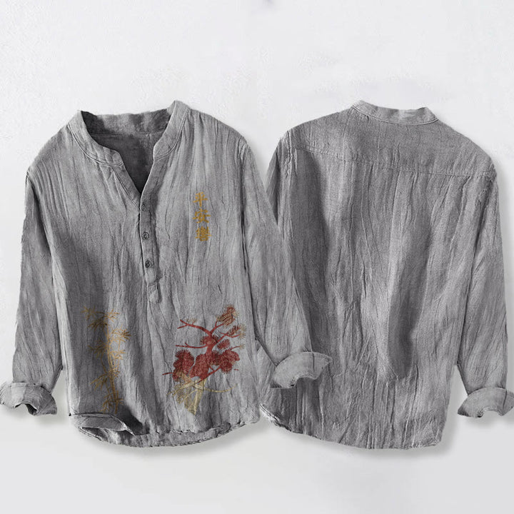 Camisa de manga larga para hombre de algodón y lino con botones a la mitad , Buddha Stones, caracteres chinos, pino y bambú. - image 8