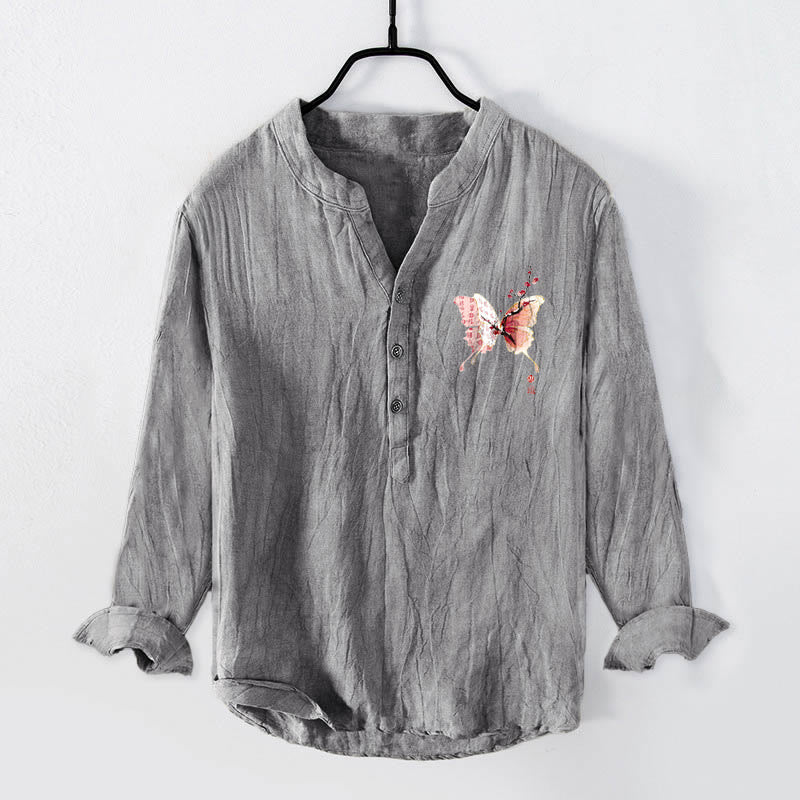Camisa de manga larga para hombre, de algodón y lino, con estampado de mariposas, Buddha Stones y ciruelas. Media botonadura. - image 1
