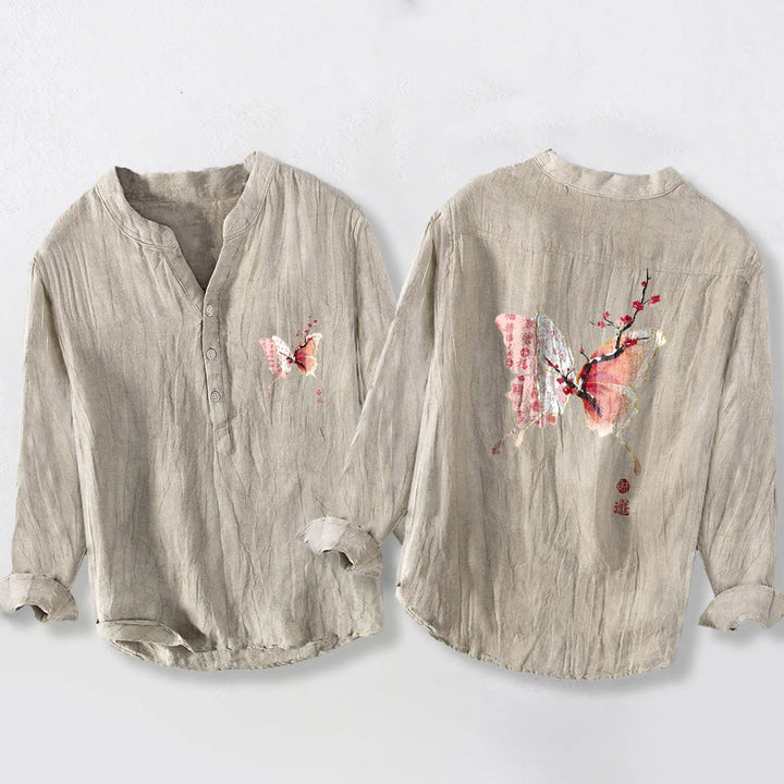 Camisa de manga larga para hombre, de algodón y lino, con estampado de mariposas, Buddha Stones y ciruelas. Media botonadura. - Lino - US/UK/AU50, EU60 (5XL) - image 3