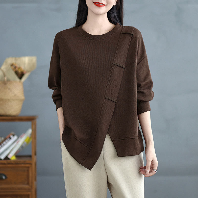 Sudadera de algodón para mujer con diseño asimétrico de color sólido y cuello redondo con estampado de Buddha Stones. - Marrón silla de montar - US12, UK/AU16, EU44 (3XL) - image 0