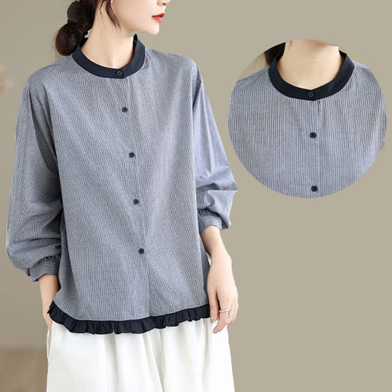 Camisa de manga larga de algodón para mujer con estampado de cuadros y rayas otoñales con Buddha Stones y dobladillo con volantes y botones. - image 13