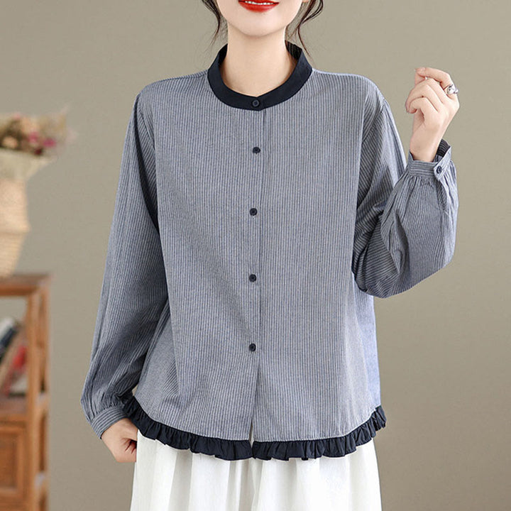 Camisa de manga larga de algodón para mujer con estampado de cuadros y rayas otoñales con Buddha Stones y dobladillo con volantes y botones. - image 9