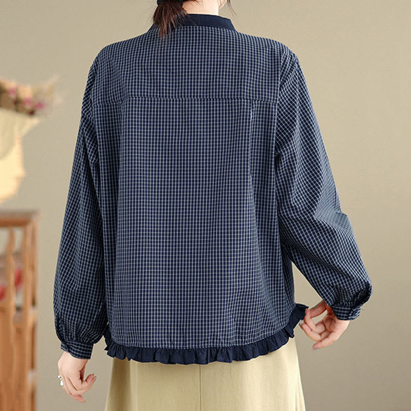 Camisa de manga larga de algodón para mujer con estampado de cuadros y rayas otoñales con Buddha Stones y dobladillo con volantes y botones. - image 4